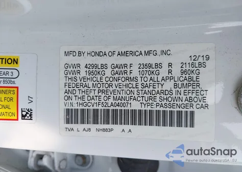 2020 Honda Accord Ex-L z USA, uszkodzony, nr VIN 1HGCV1F52LA040071